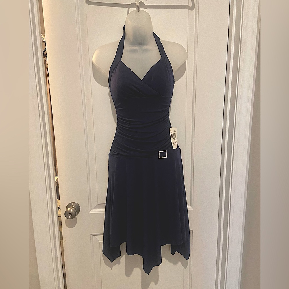 Navy Blue City Triangle Vintage Tie Halter Handkerchief Hem Dresss
